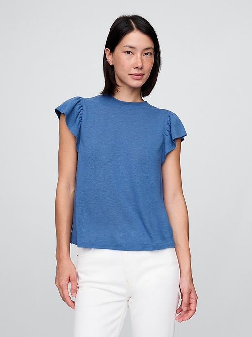 Image number 1 showing, Linen-Blend Flutter-Sleeve T-Shirt