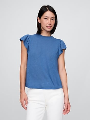 Linen-Blend Flutter-Sleeve T-Shirt