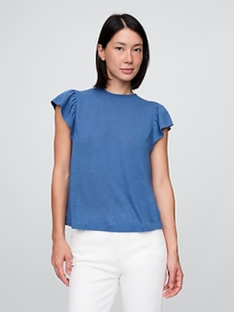 Linen-Blend Flutter-Sleeve T-Shirt