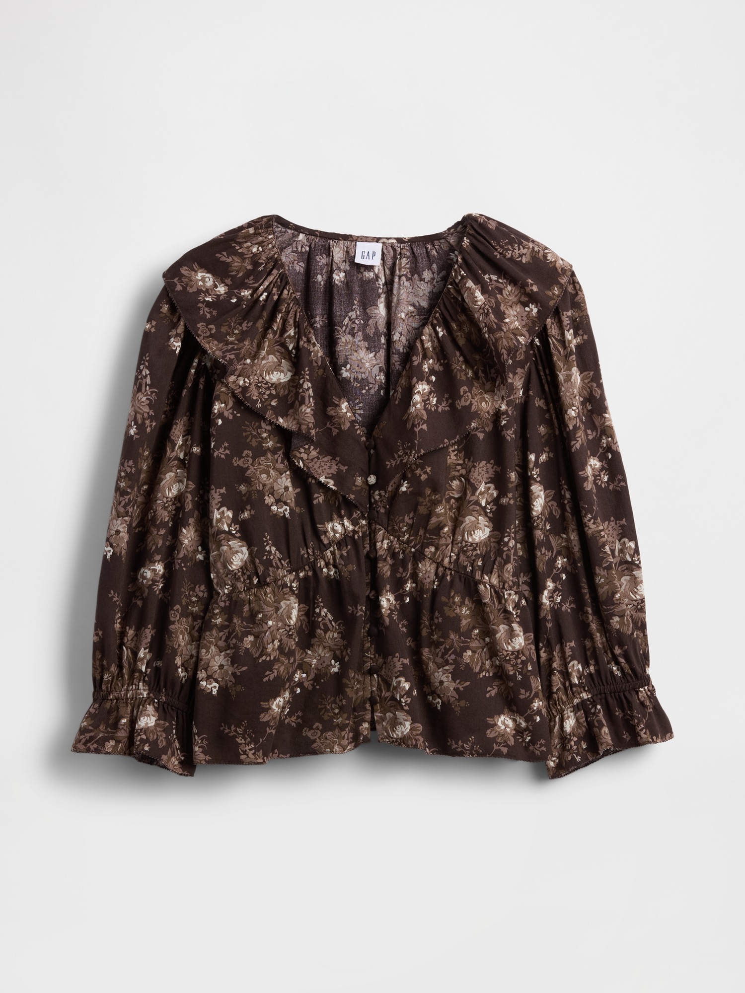 Женский топ Gap Ruffle Collar V-Neck Top, цвет: Коричневый с принтом — фото 5