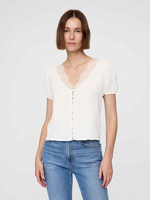 Image number 1 showing, Linen-Blend Lace V-Neck Top
