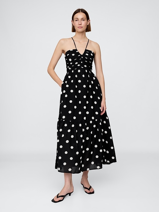 1 of 8 showing, with the color Black polka dots of product Shirred Bodice Halter Maxi Dress