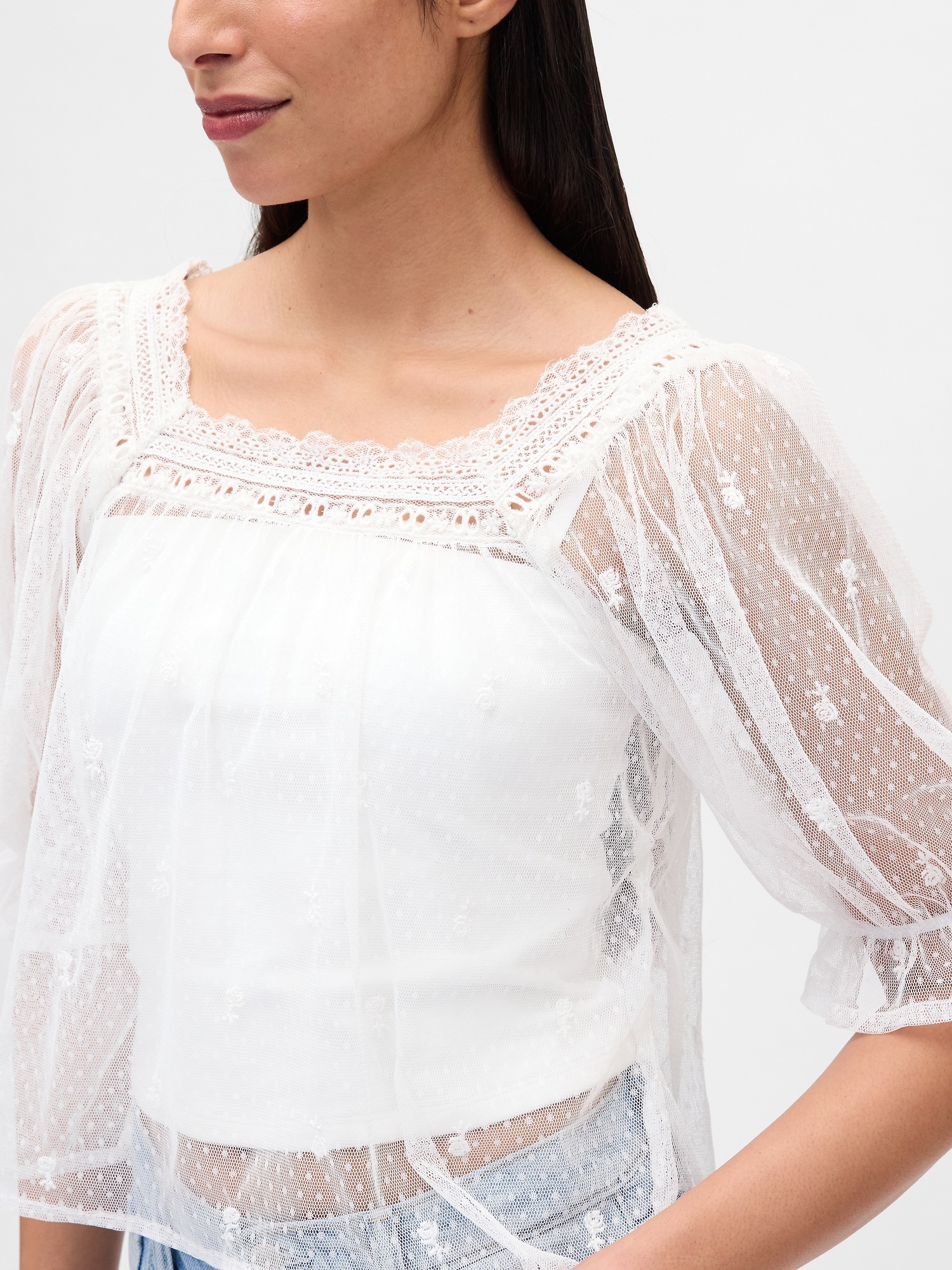 Женский топ Gap Sheer Tulle Embroidered Top, цвет: Белый — фото 4