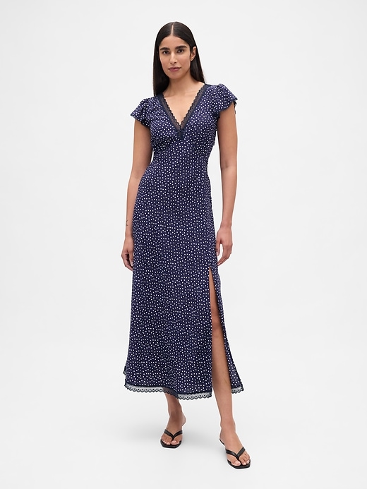 Image number 1 showing, Lace-Trim V-Neck Crepe Maxi Dress