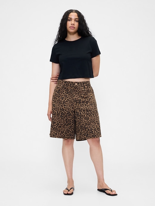 Image number 5 showing, 11" Mid Rise Denim Leopard Longline Shorts