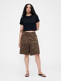 11" Mid Rise Denim Leopard Longline Shorts