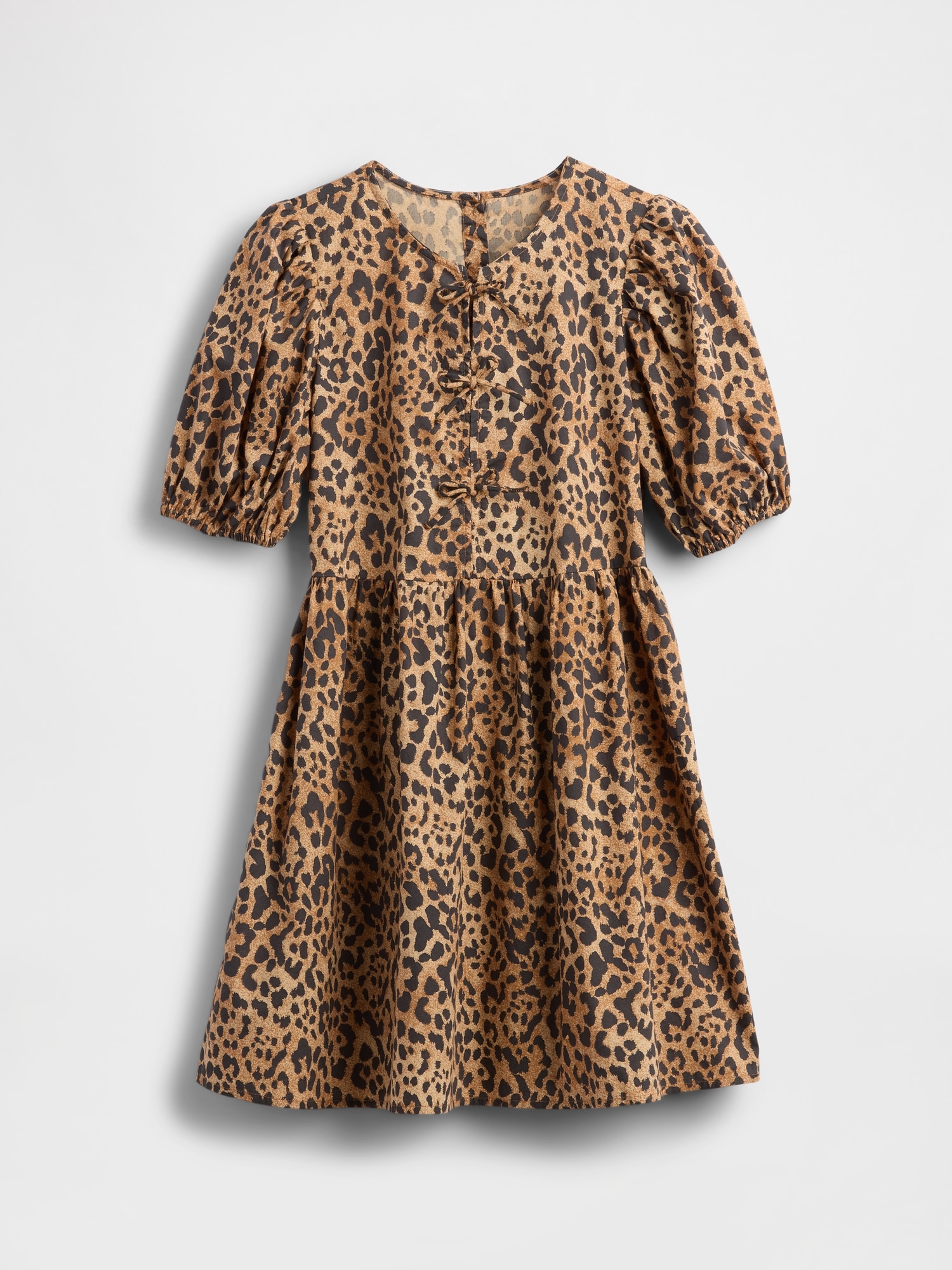Kids Poplin Puff-Sleeve Leopard Dress