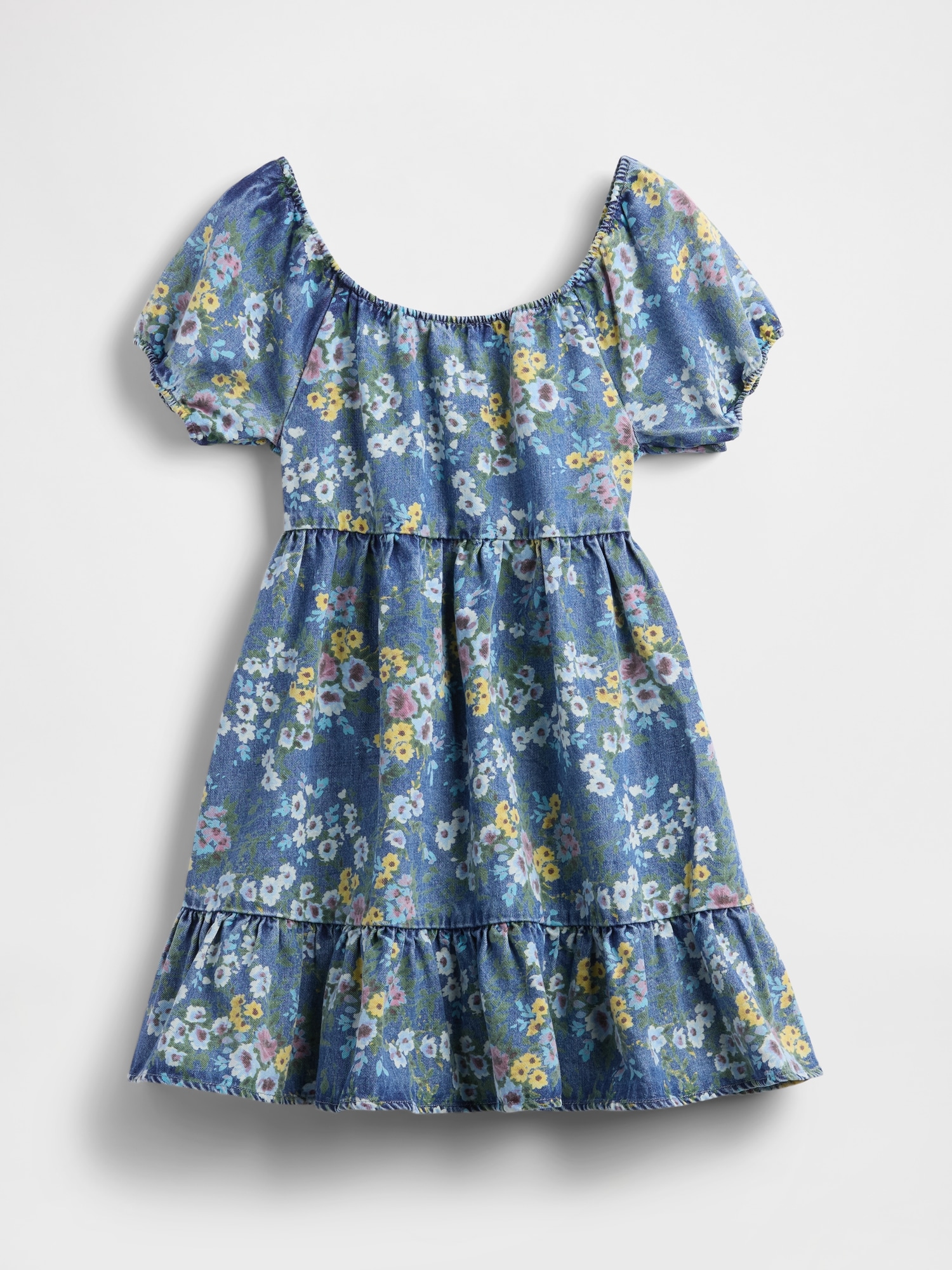 Kids Denim Puff-Sleeve Floral Dress