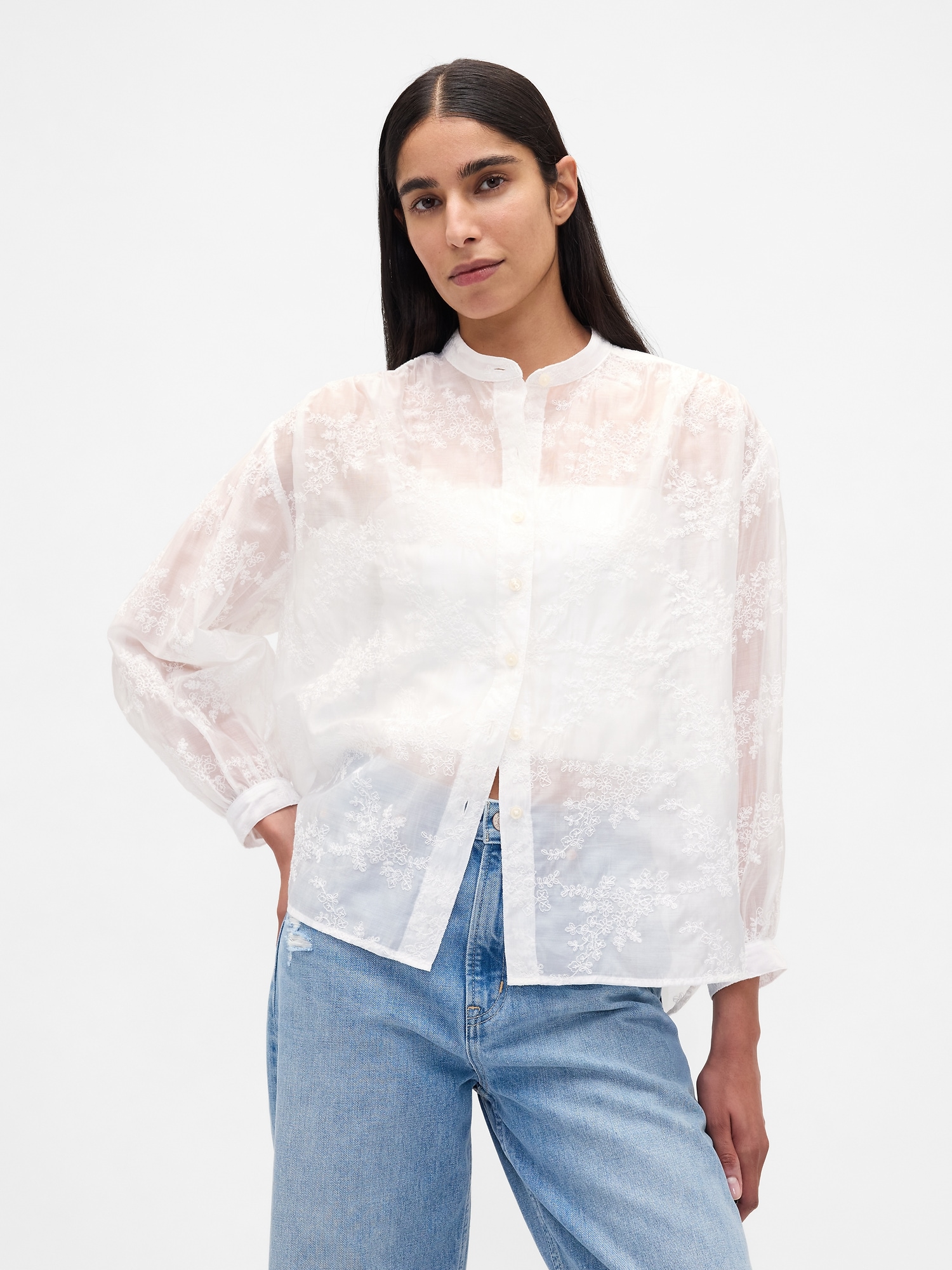 Sheer Voile Floral Shirt - White