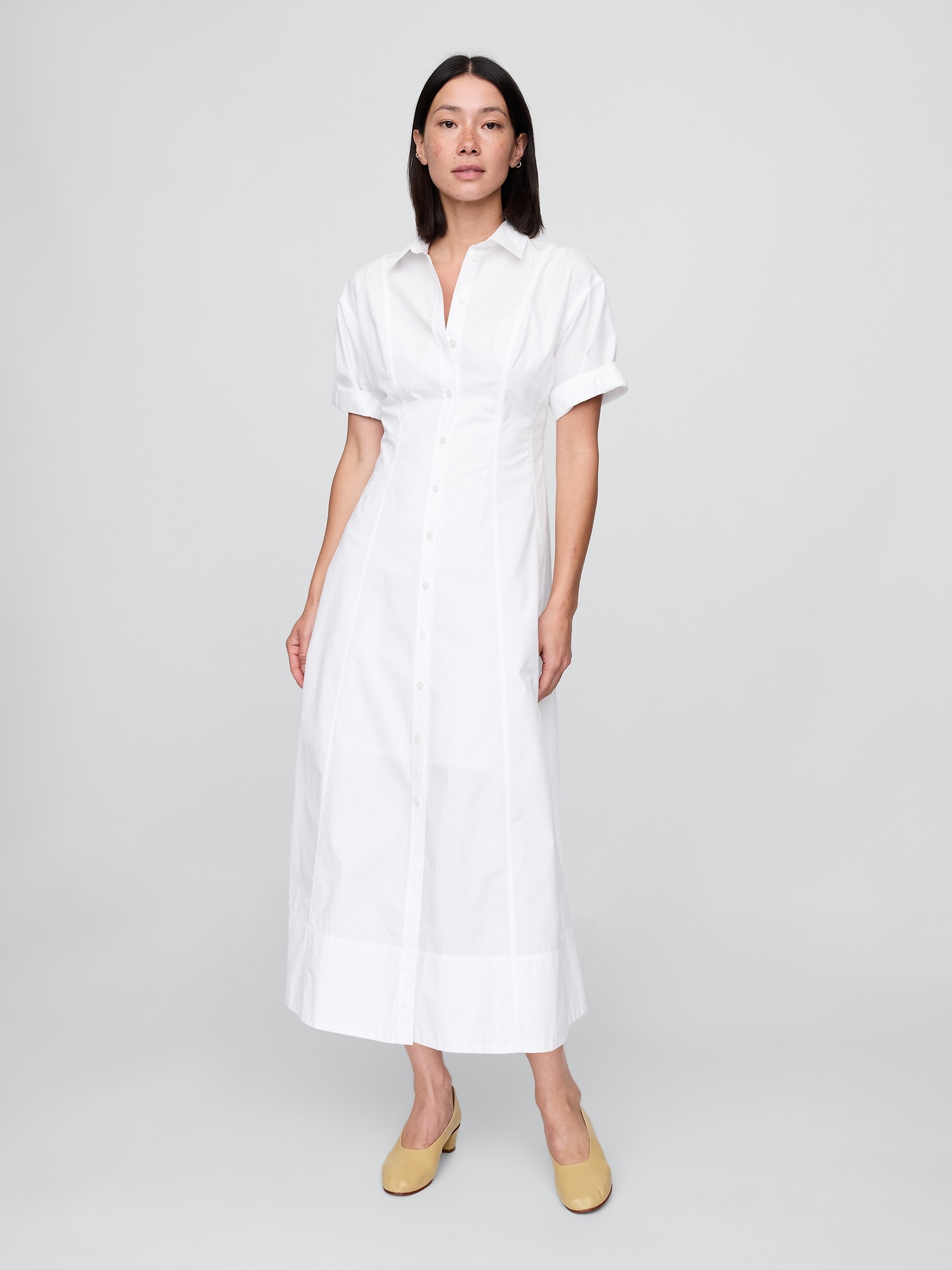 Poplin Roll-Cuff Midi Shirtdress