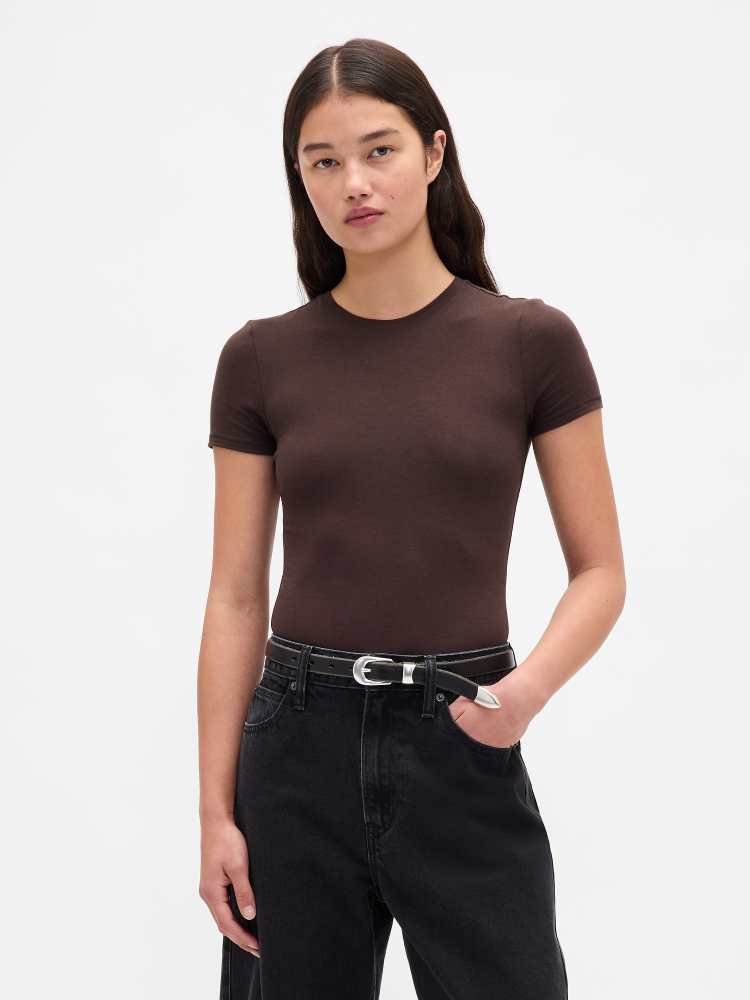 Gap Closeknit Jersey T-shirt Thong Bodysuit In Brown