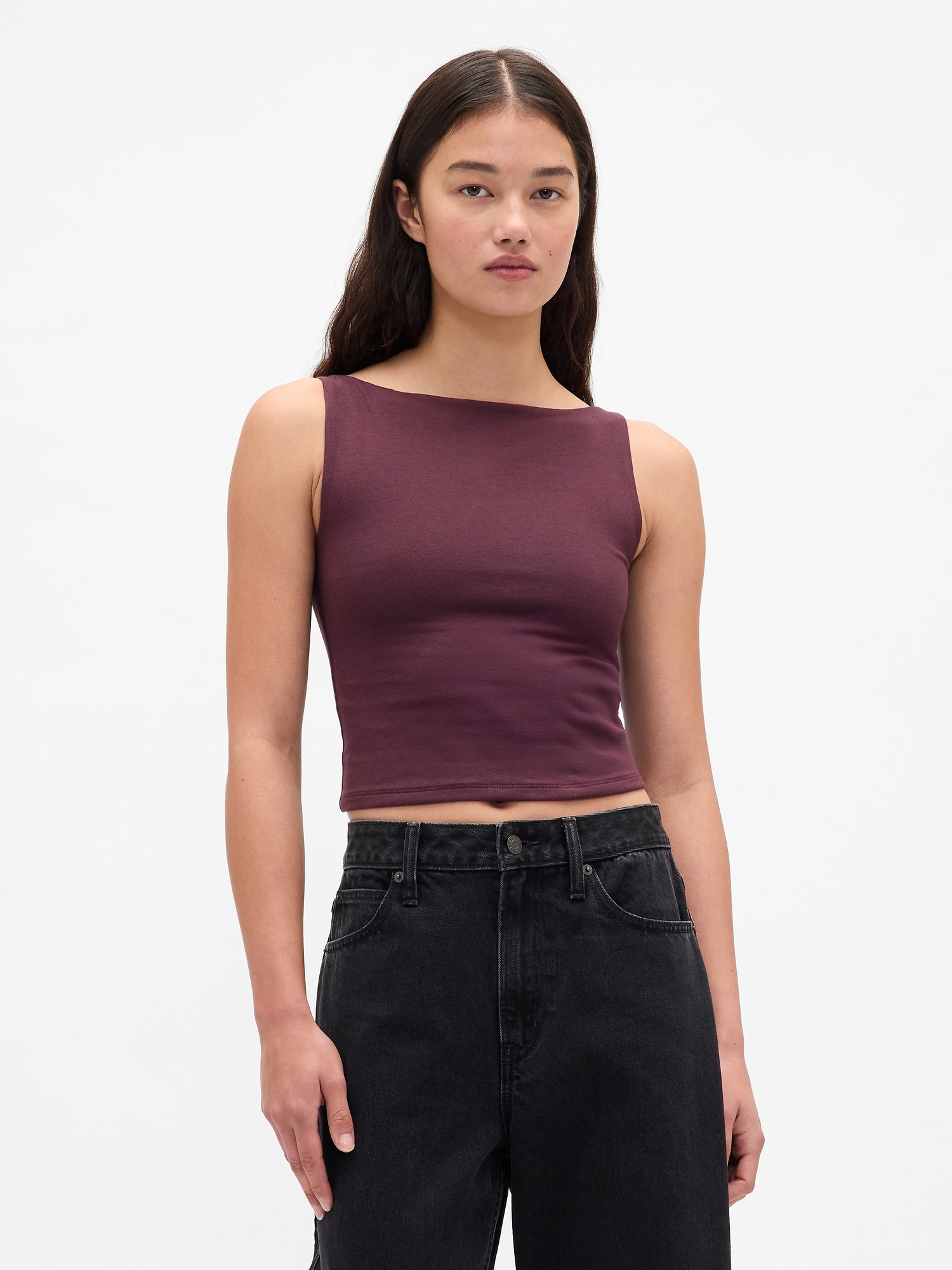 CloseKnit Jersey Boatneck Crop Tank Top - Bordeaux Purple