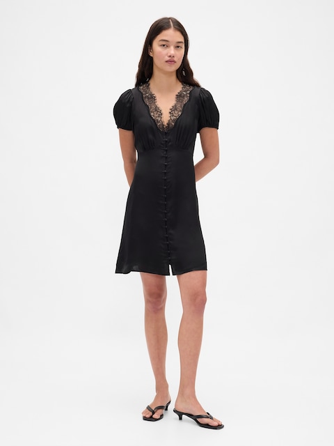 Satin Lace-Trim V-Neck Mini Dress