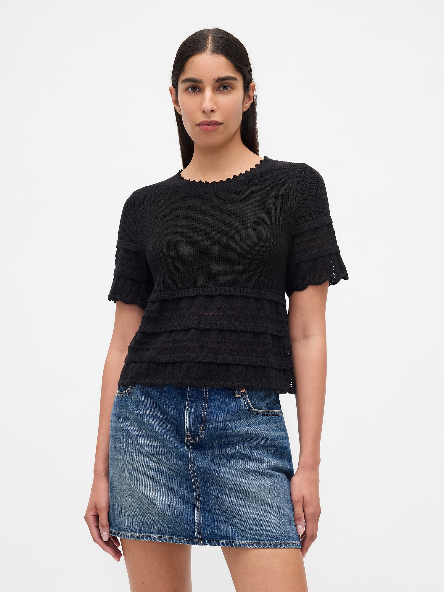 Linen-Blend Pointelle Sweater Crop Top - Black
