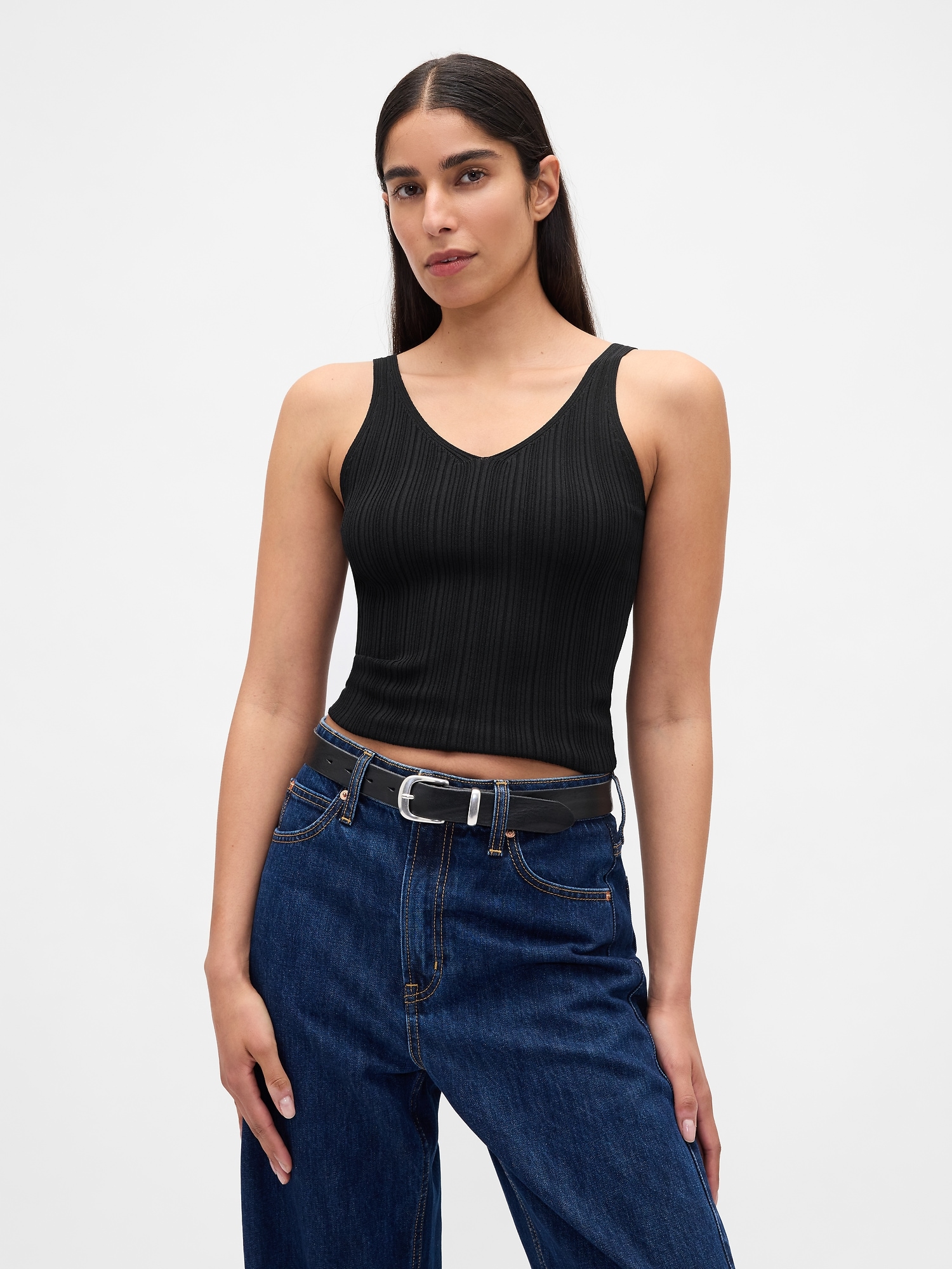 Rib Sweater Tank Top - Black