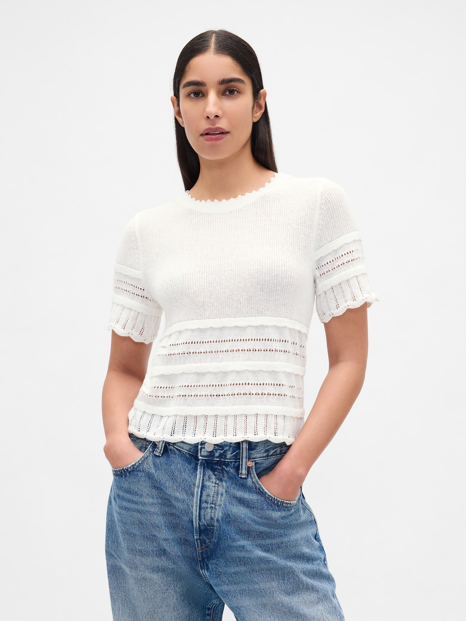 Linen-Blend Pointelle Sweater Crop Top - White
