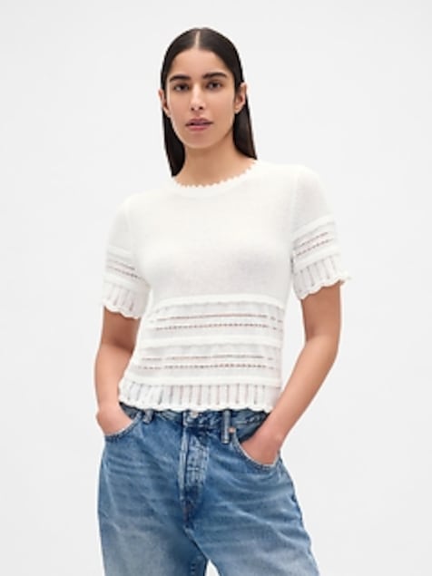 Linen-Blend Pointelle Sweater Crop Top