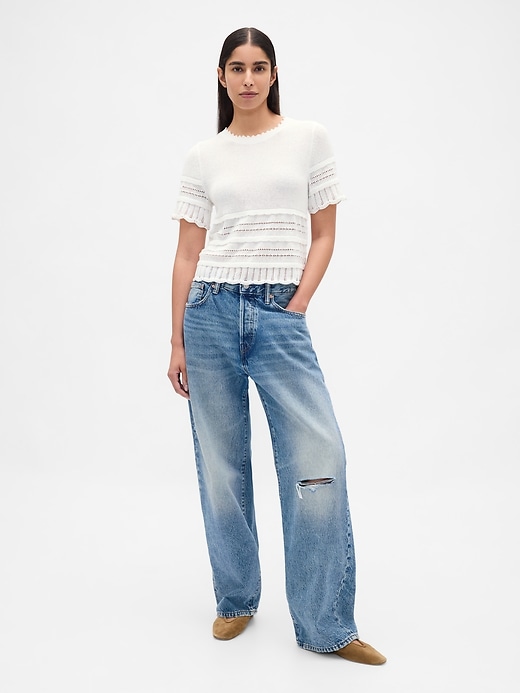 Image number 2 showing, Linen-Blend Pointelle Sweater Crop Top