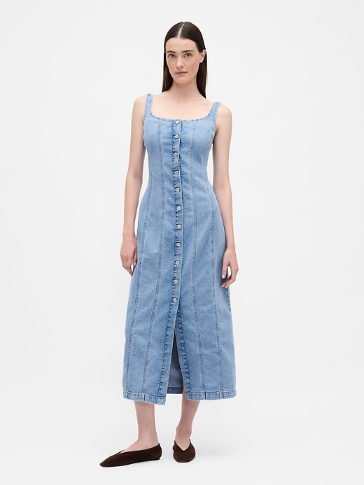 Image number 1 showing, Denim Seamed Button-Front Maxi Dress