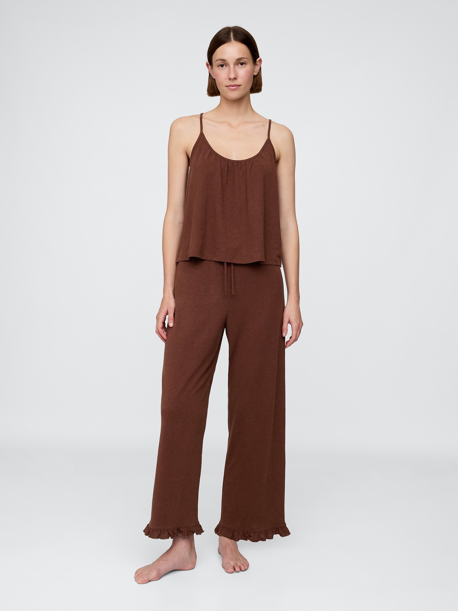 Linen-Blend Ruffle PJ Pants - Brown
