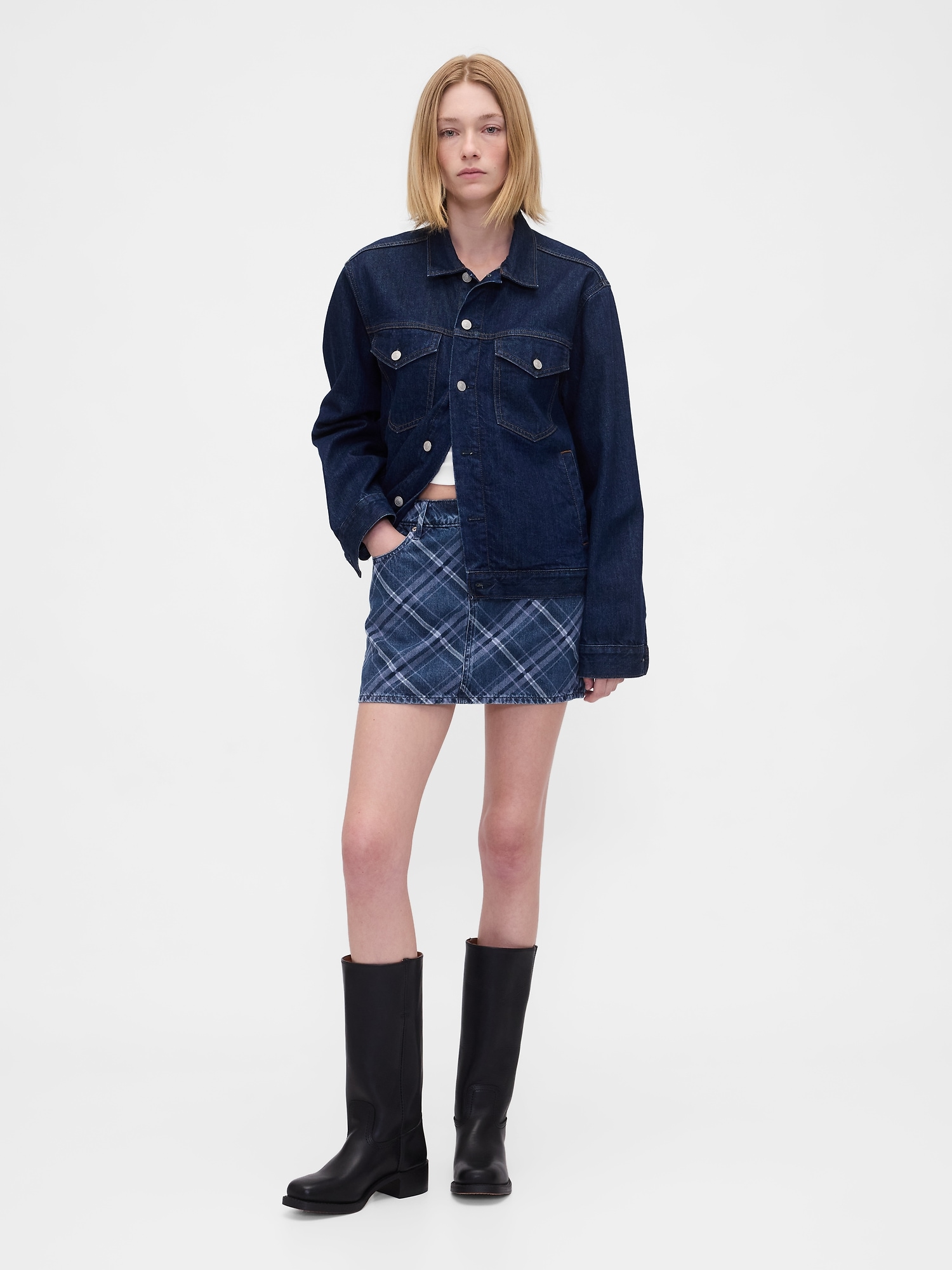 Denim Plaid Mini Skirt