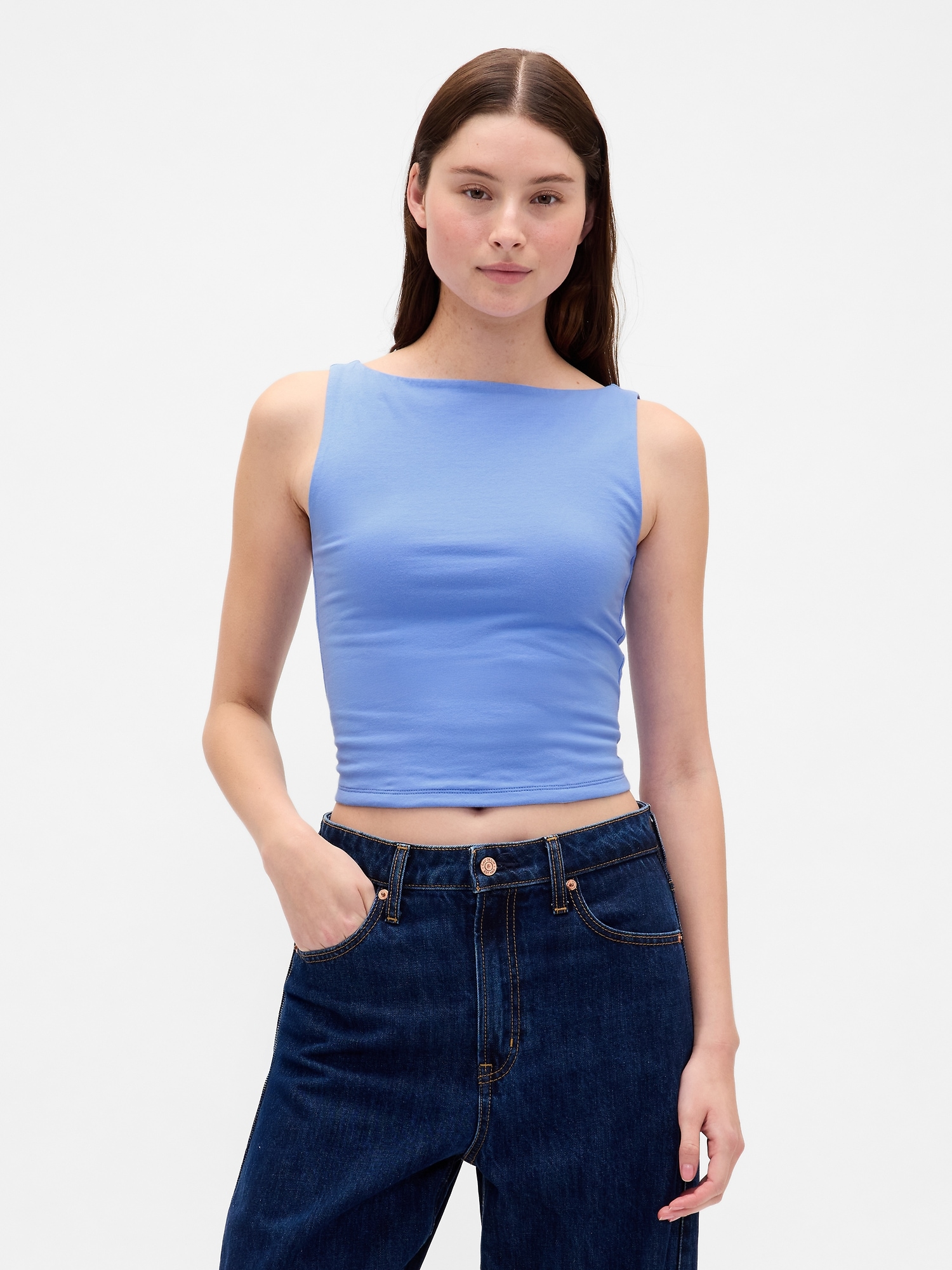 CloseKnit Jersey Boatneck Crop Tank Top - Shirting Blue