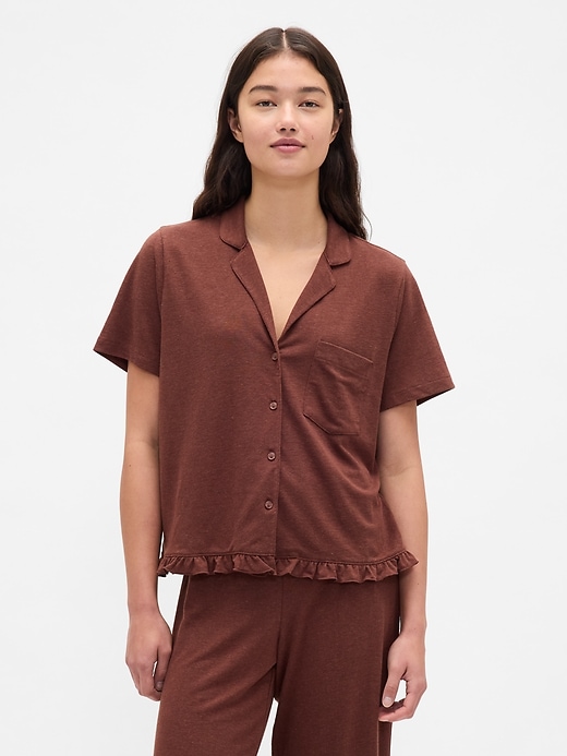 Image number 1 showing, Linen-Blend Ruffle PJ Shirt
