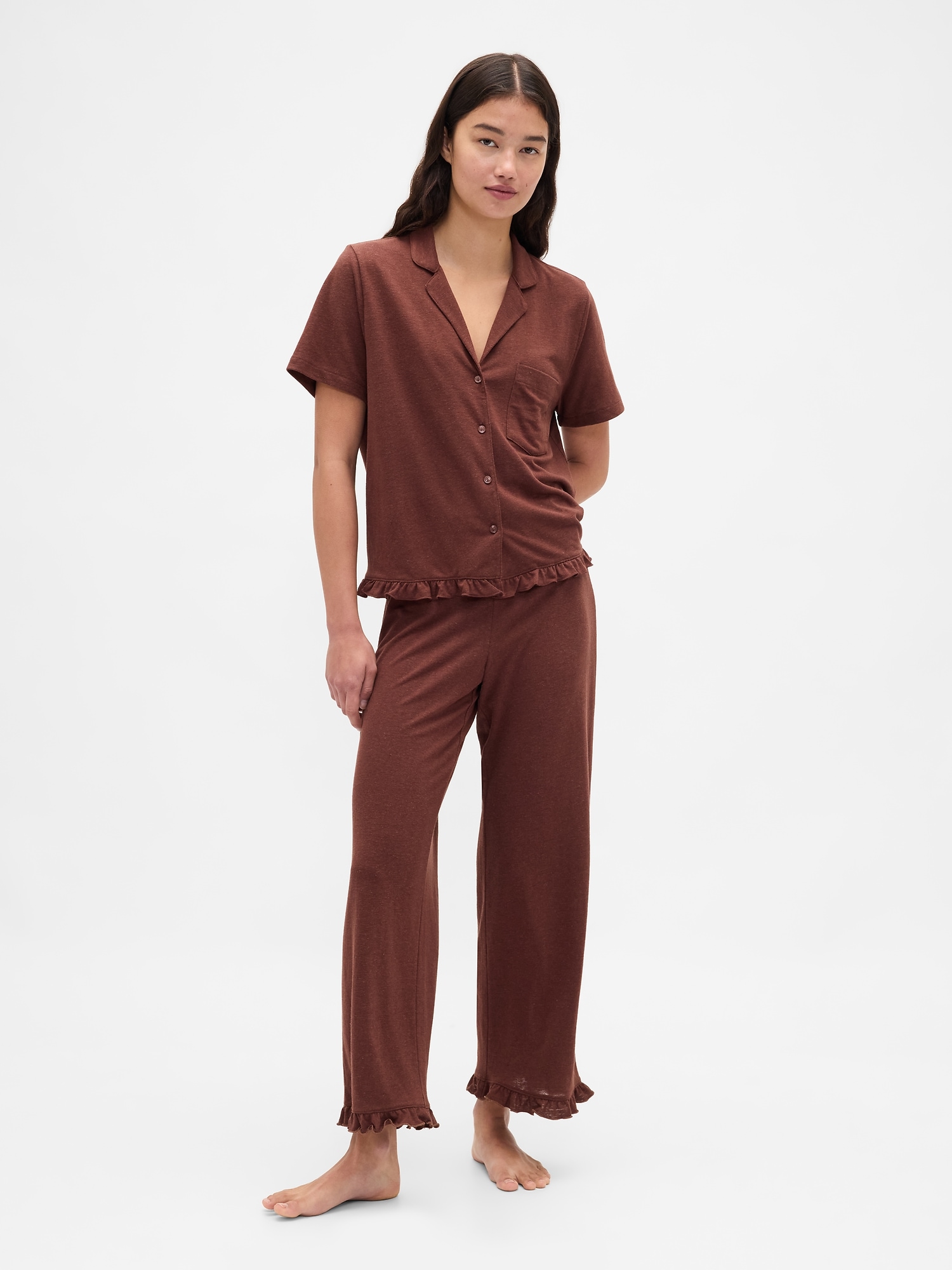 Женская рубашка Gap Ruffle PJ, цвет: Коричневый — фото 2