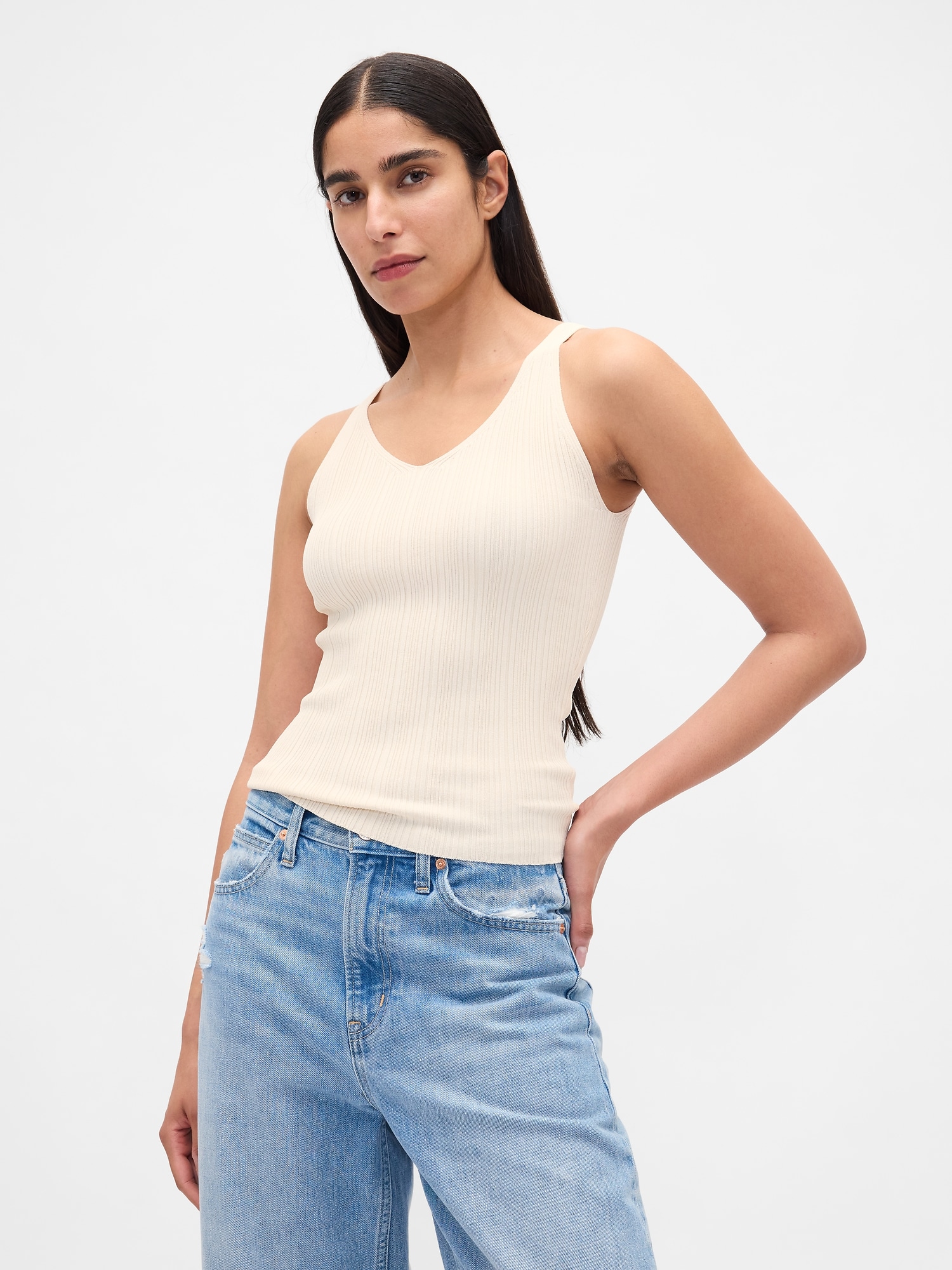 Rib Sweater Tank Top - Beige