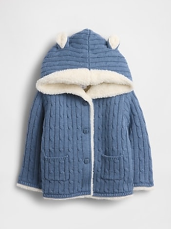 Baby Sherpa-Lined Cable-Knit Bear Cardigan