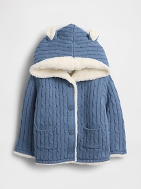 Baby Sherpa-Lined Cable-Knit Bear Cardigan
