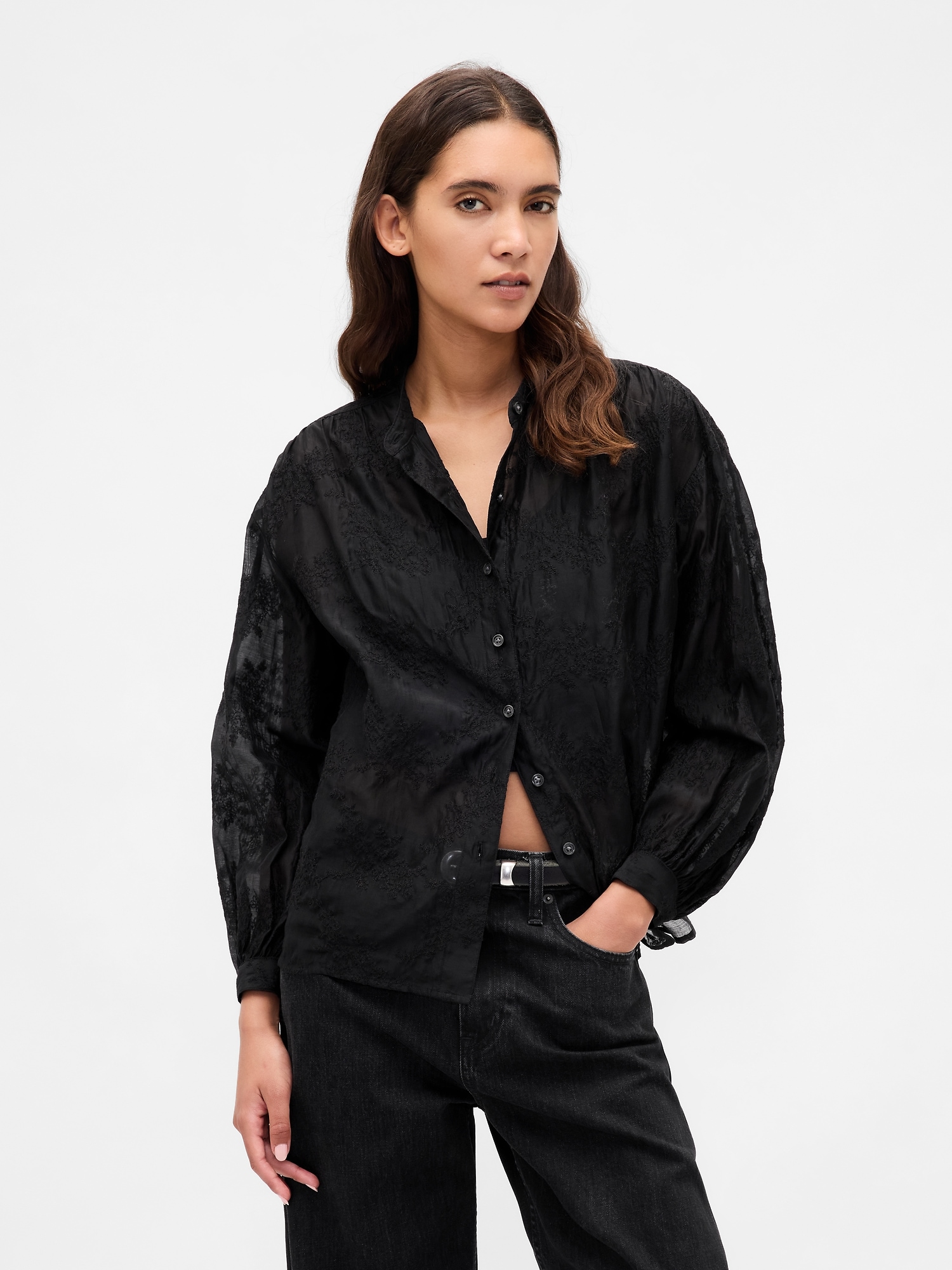 Sheer Voile Floral Shirt - Black