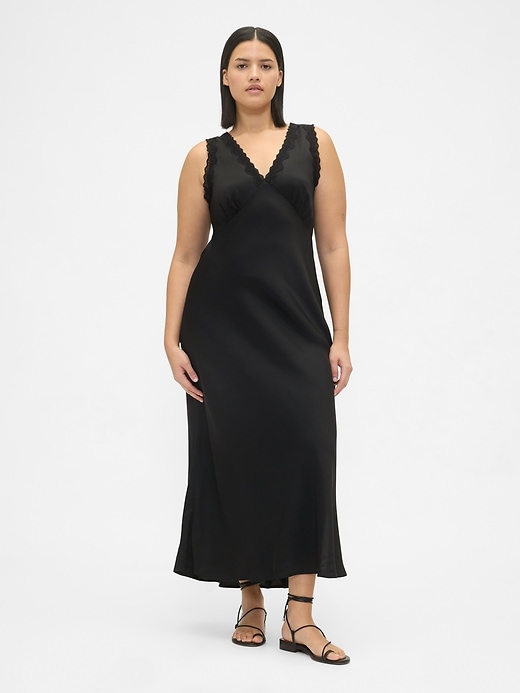 Image number 5 showing, Satin Lace-Trim V-Neck Maxi Slip Dress