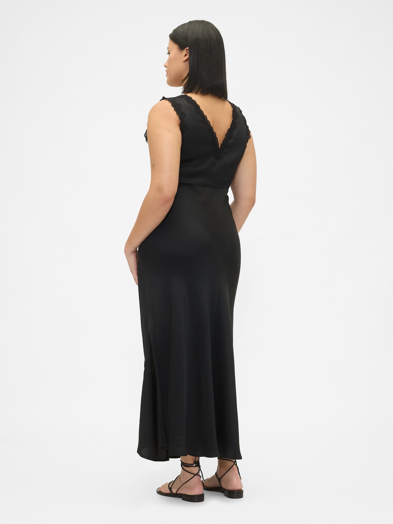 Satin Lace-Trim V-Neck Maxi Slip Dress