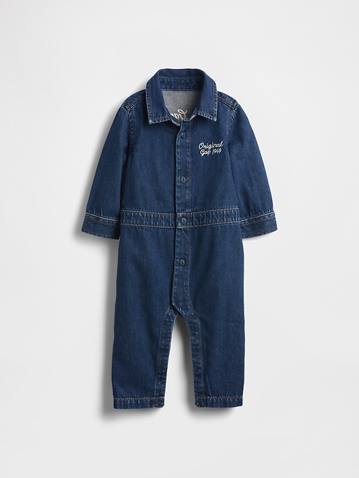 Image number 1 showing, Baby Denim Bear Logo Coveralls