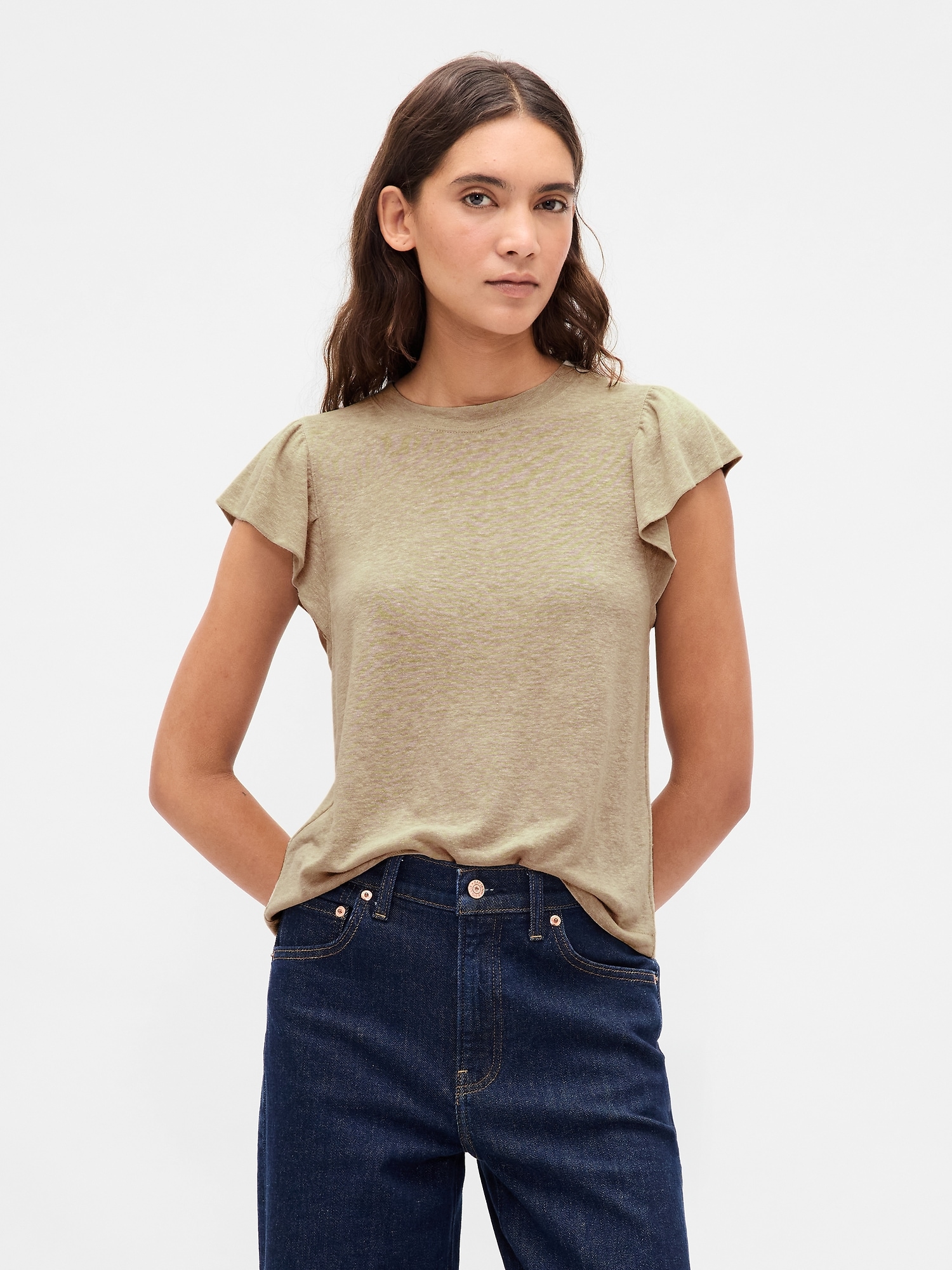 Linen-Blend Flutter-Sleeve T-Shirt - Beige