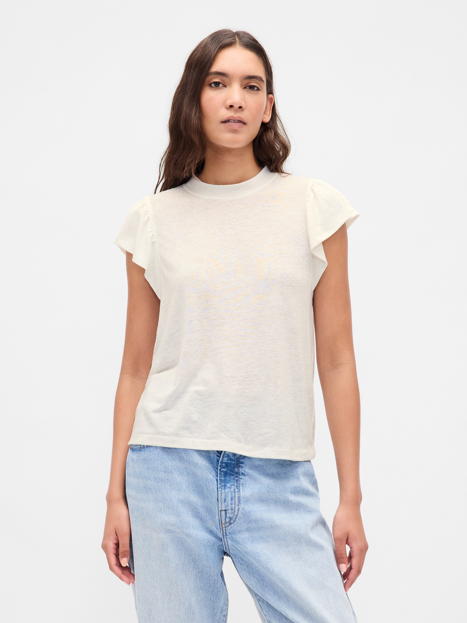 Linen-Blend Flutter-Sleeve T-Shirt - White