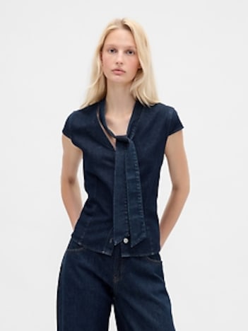 Denim Tie-Neck Top