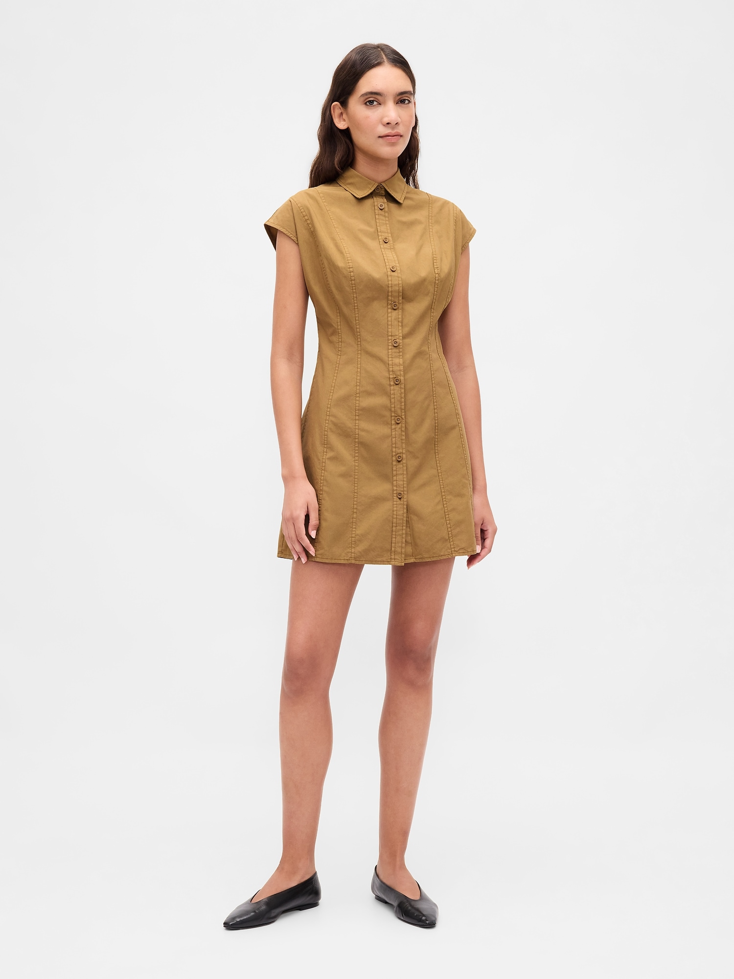 Gap Poplin Seamed Shirtdress In Brown