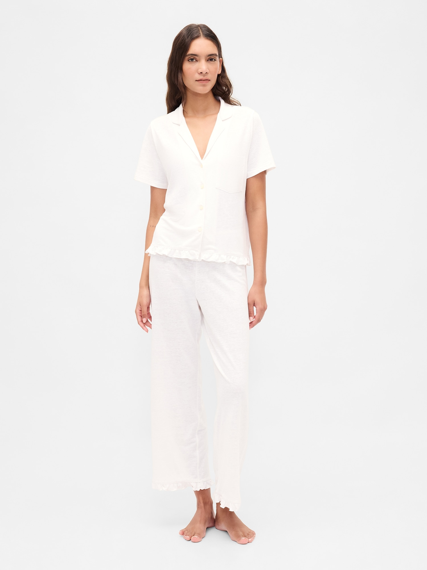 Linen-Blend Ruffle PJ Pants - White