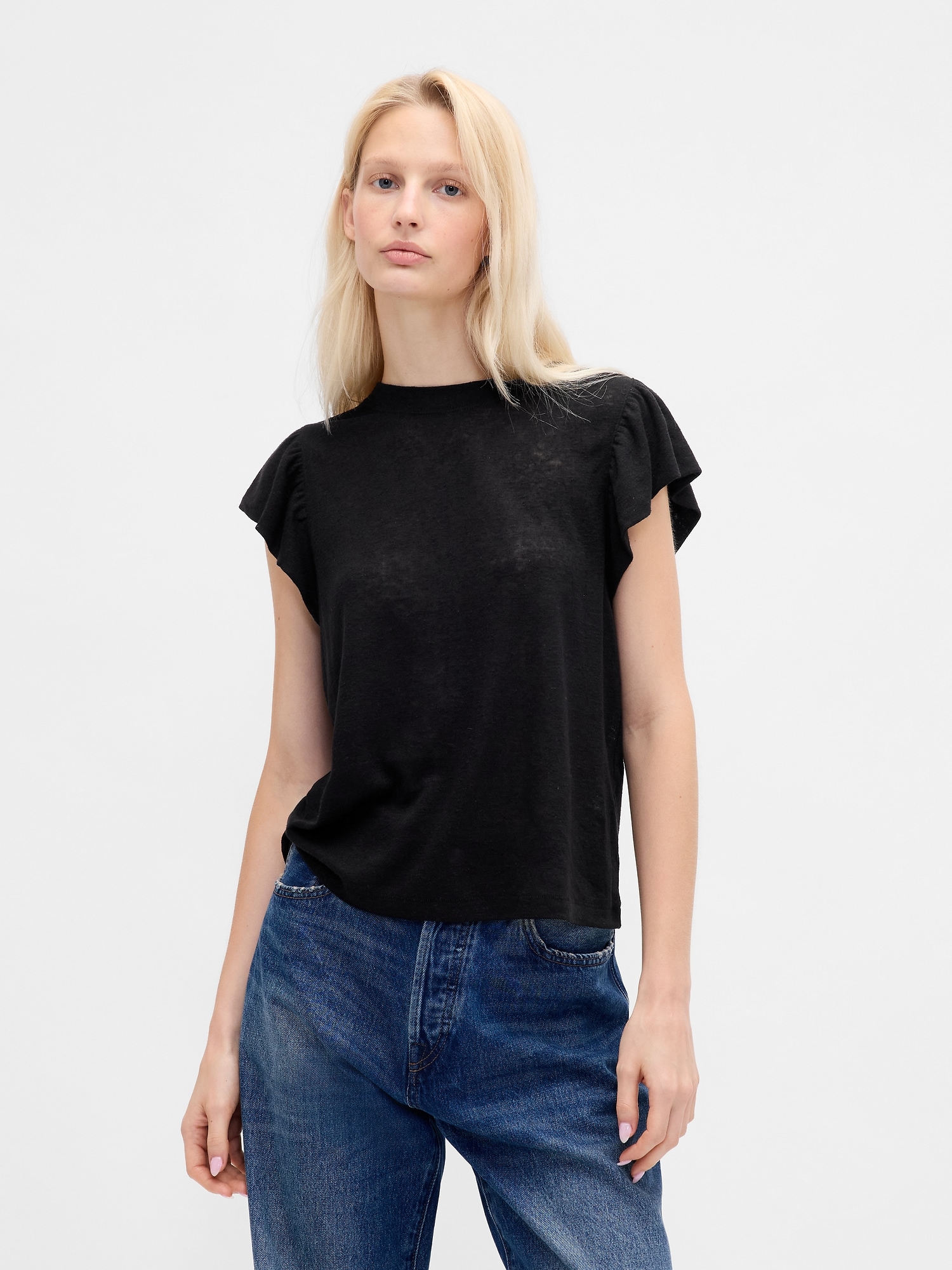 Linen-Blend Flutter-Sleeve T-Shirt - Black