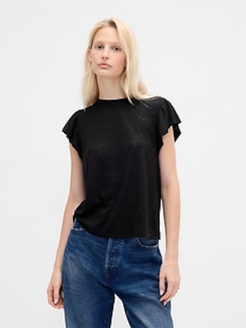 Linen-Blend Flutter-Sleeve T-Shirt