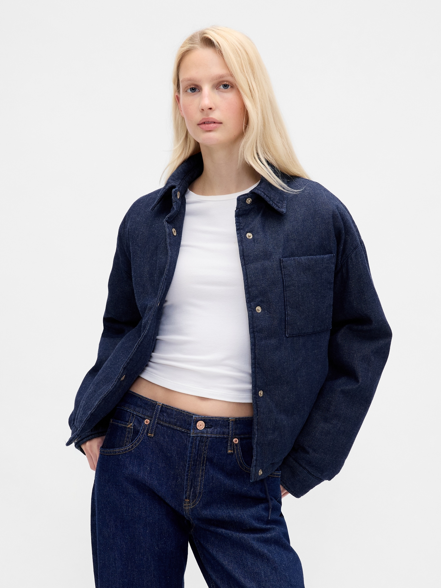 Gap Denim Crop Puffer Jacket In Blue