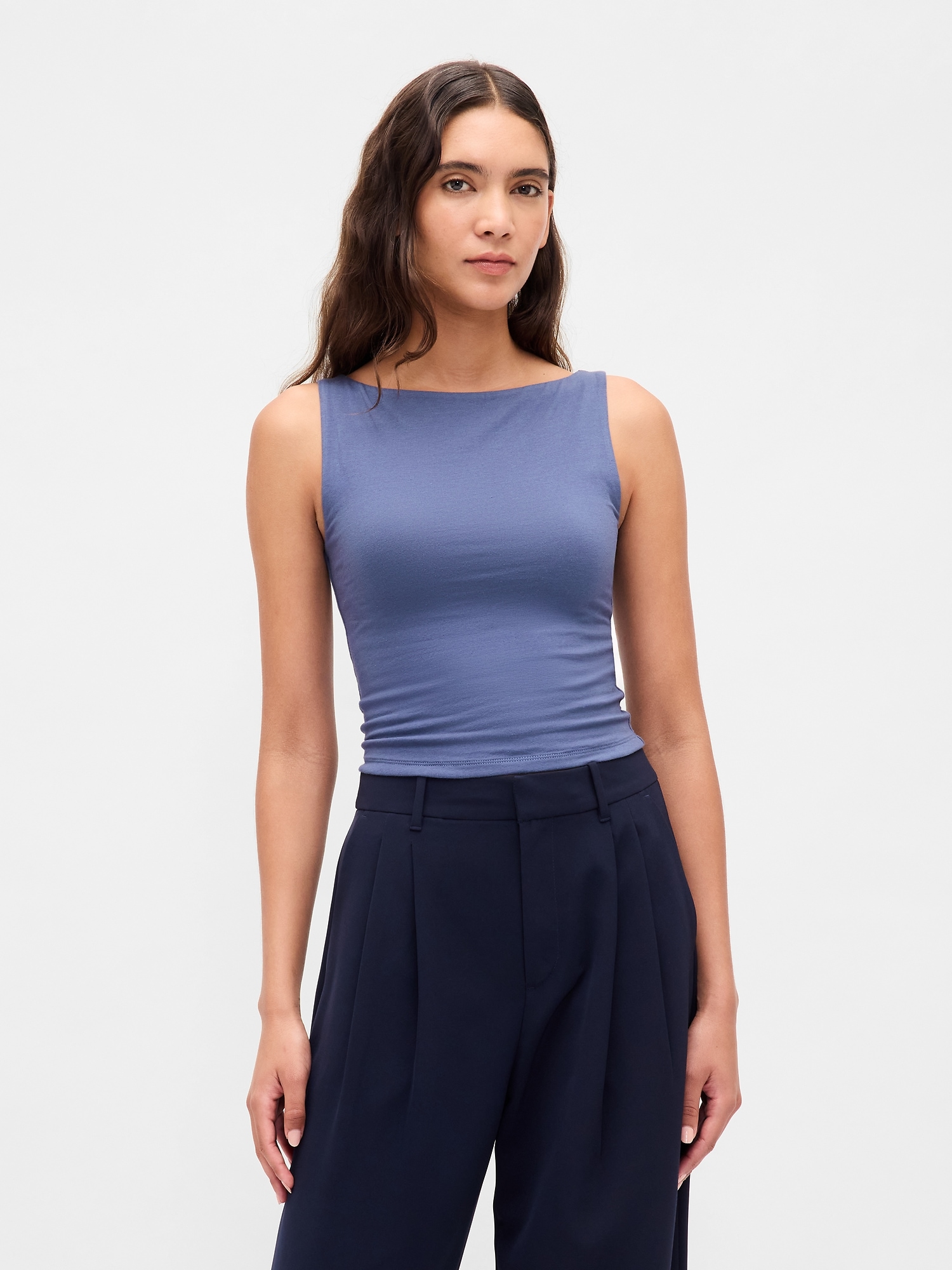 CloseKnit Jersey Boatneck Crop Tank Top - Blue Ridge