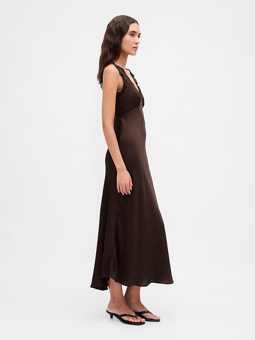 Image number 3 showing, Satin Lace-Trim V-Neck Maxi Slip Dress