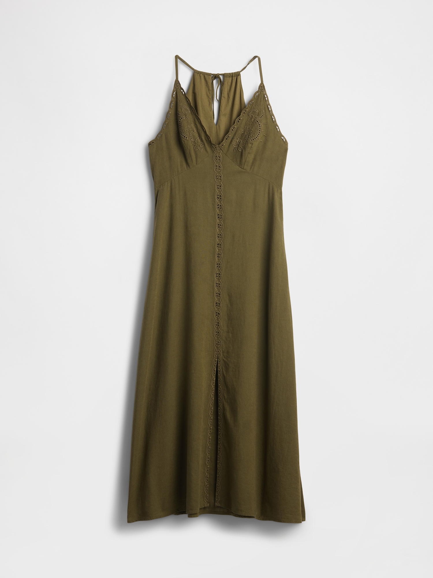 Linen-Blend Embroidered Halter Maxi Dress