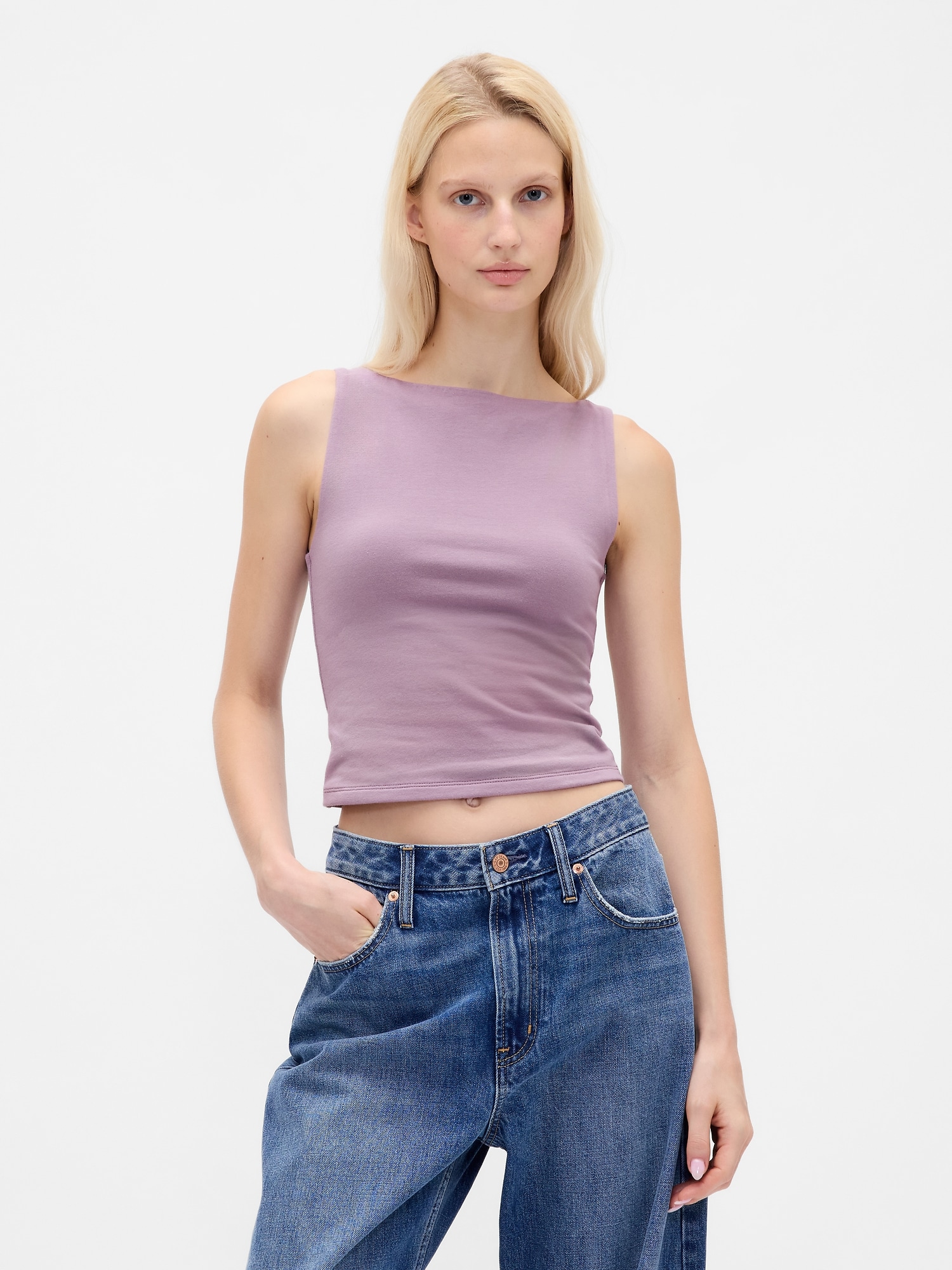 CloseKnit Jersey Boatneck Crop Tank Top - Purple