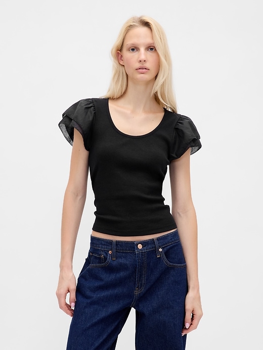 Image number 1 showing, Modern Ruffle Puff-Sleeve Crop T-Shirt