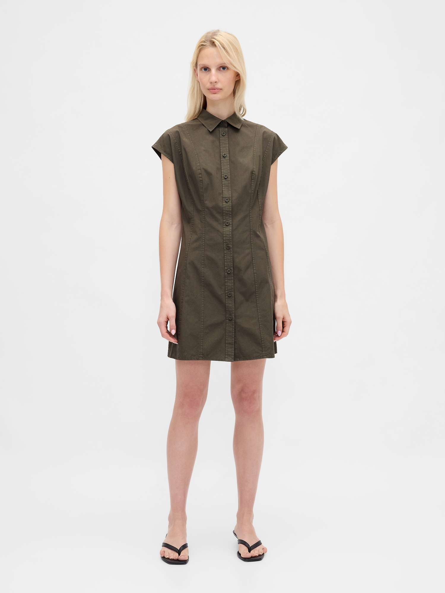 Poplin Seamed Shirtdress - Black Moss Green