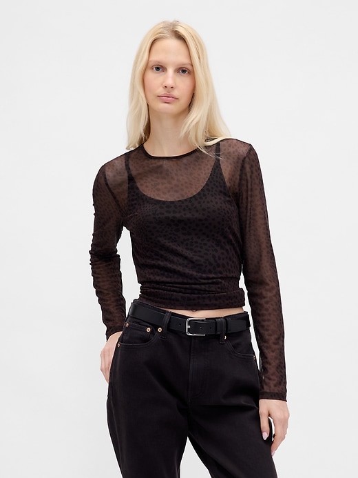 1 of 8 showing, with the color Black leopard print of product Mesh Crop T-Shirt